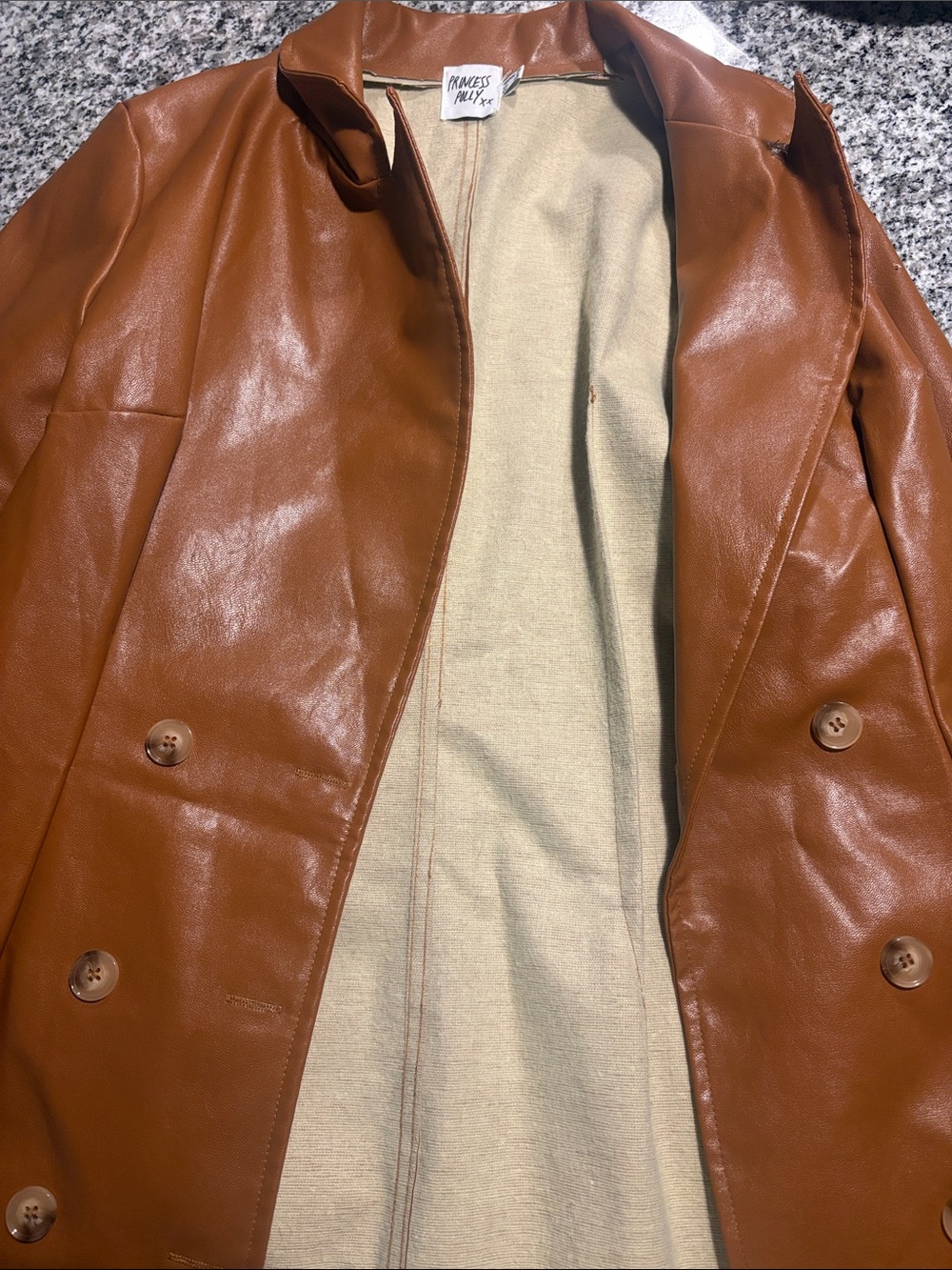 Princess Polly Cognac Faux Leather Double-Breasted Jacket